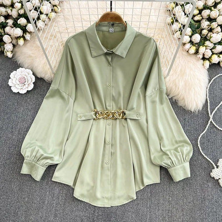 Renata Satin Shirt Dress - flat lay on hanger, sage green - Miss Mosa By Akanksha