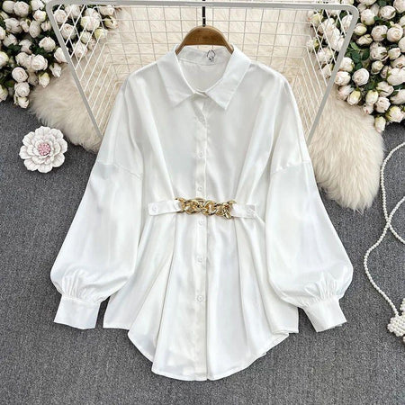 Renata Satin Shirt Dress - flat lay on hanger, white - Miss Mosa By Akanksha
