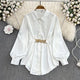 Renata Satin Shirt Dress - flat lay on hanger, white - Miss Mosa By Akanksha