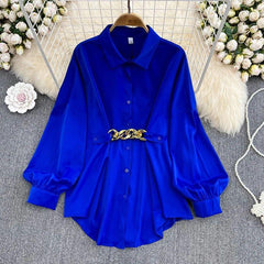 Renata Satin Shirt Dress - flat lay on hanger, cobalt blue - Miss Mosa By Akanksha