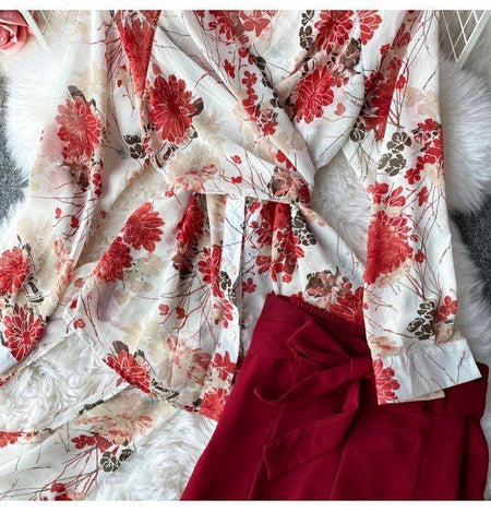 Resse Coord Set - close-up of wrap top, red floral - Miss Mosa By Akanksha