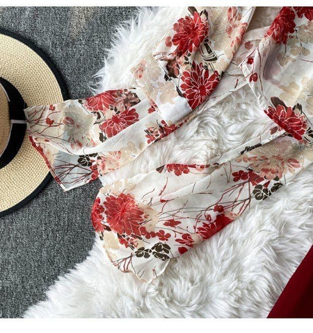 Resse Coord Set - close-up of wrap top, red floral - Miss Mosa By Akanksha