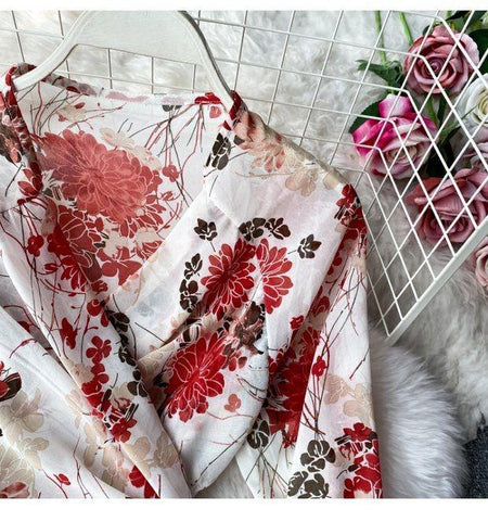 Resse Coord Set - close-up of wrap top, red floral - Miss Mosa By Akanksha
