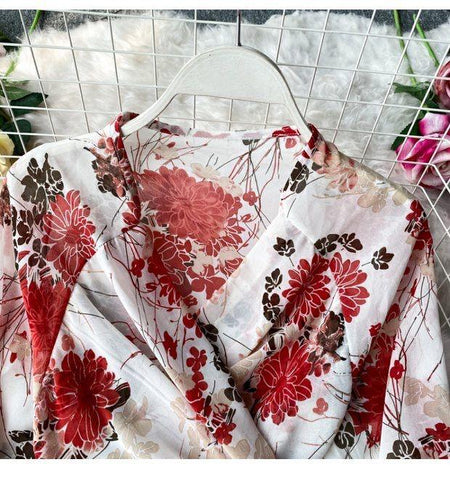 Resse Coord Set - close-up of wrap top, red floral - Miss Mosa By Akanksha