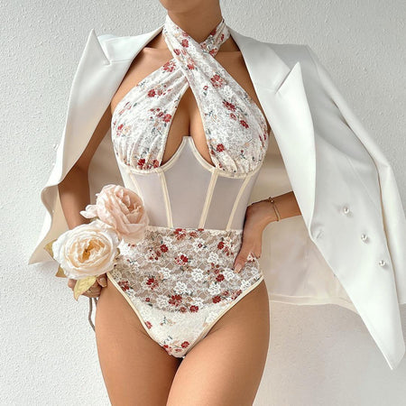 Rivka Lace Corset Bodysuit In White - front shot on model, white - Miss Mosa By Akanksha