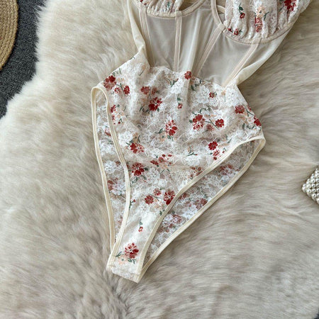 Rivka Lace Corset Bodysuit In White - close-up of lace detail, white - Miss Mosa By Akanksha