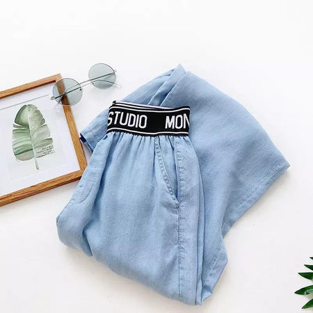 Roberto High Waisted Denims In Light Blue - close-up of waistband, light blue - Miss Mosa By Akanksha
