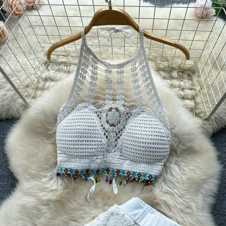 Roderno Resortwear Set - close-up of crochet top, grey - Miss Mosa By Akanksha