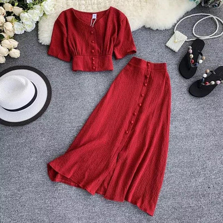 Roger Buttoned Coord Sets - styled flat-lay shot, red - Miss Mosa By Akanksha