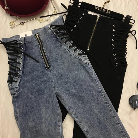Roger Laced Denims - front shot on hanger, denim blue - Miss Mosa By Akanksha