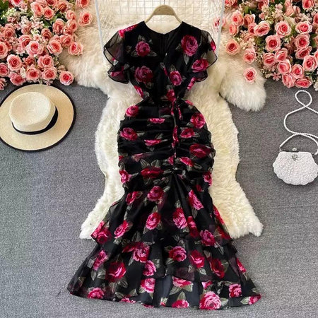 Rosa Luxury Dress In Black - styled flat-lay shot, black floral - Miss Mosa By Akanksha