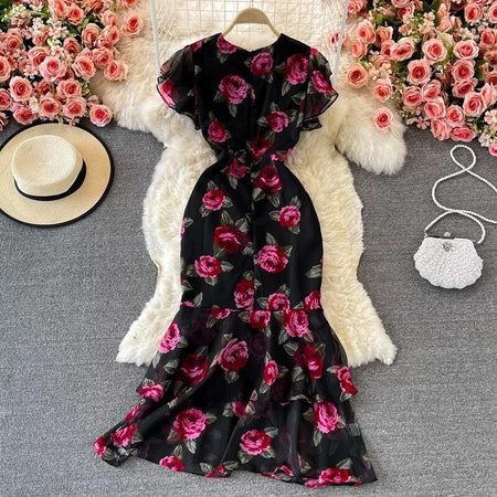 Rosa Luxury Dress In Black - front shot on hanger, black floral - Miss Mosa By Akanksha