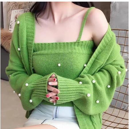 Rover Pearled Sweater Set - front shot on model, green - Miss Mosa By Akanksha