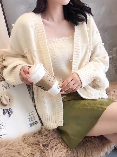 Rover Pearled Sweater Set - front shot on model, cream - Miss Mosa By Akanksha