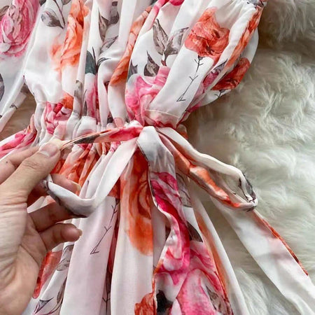 Royce Summer Dress - close-up of waist tie, pink floral - Miss Mosa By Akanksha