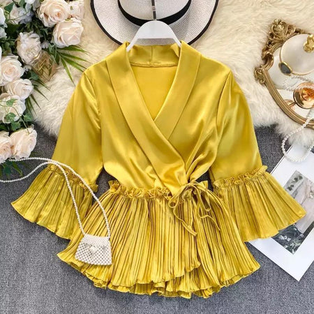Ruffled Satin Blouse - styled flat-lay shot, yellow - Miss Mosa By Akanksha