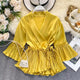 Ruffled Satin Blouse - styled flat-lay shot, yellow - Miss Mosa By Akanksha