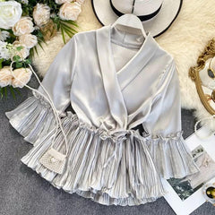 Ruffled Satin Blouse - styled flat-lay shot, grey - Miss Mosa By Akanksha