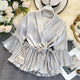 Ruffled Satin Blouse - styled flat-lay shot, grey - Miss Mosa By Akanksha