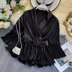 Ruffled Satin Blouse - styled flat-lay shot, black - Miss Mosa By Akanksha