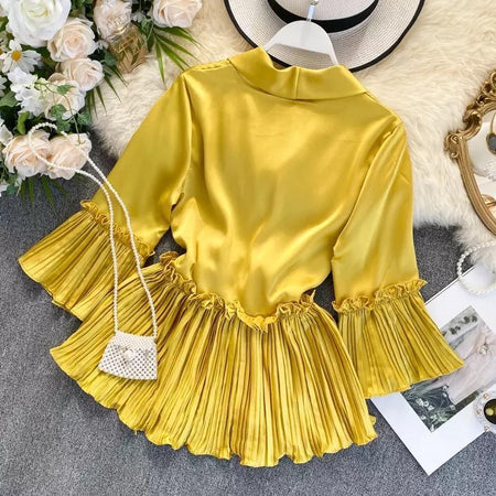 Ruffled Satin Blouse - back styled flat-lay shot, yellow - Miss Mosa By Akanksha