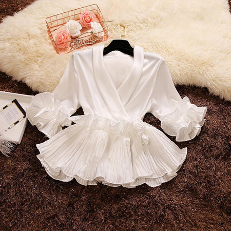 Ruffled Satin Blouse - styled flat-lay shot, white - Miss Mosa By Akanksha
