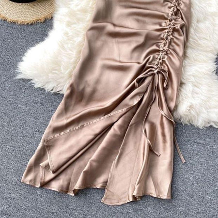 Rumia Haven Dress - close-up of ruched hem, champagne - Miss Mosa By Akanksha