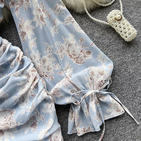 Sabrina Ruched Dress - close-up of floral print, blue - Miss Mosa By Akanksha