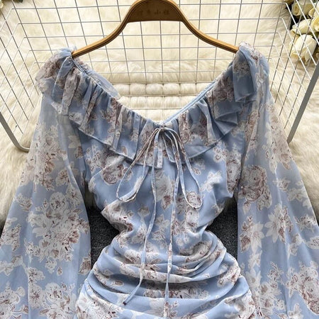 Sabrina Ruched Dress - close-up of neckline, blue - Miss Mosa By Akanksha