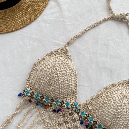 Samantha Beach Crops - close-up of beaded trim, beige - Miss Mosa By Akanksha