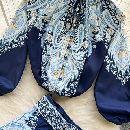 Sandy Coord Set In Navy Blue - close-up of paisley print, navy blue - Miss Mosa By Akanksha