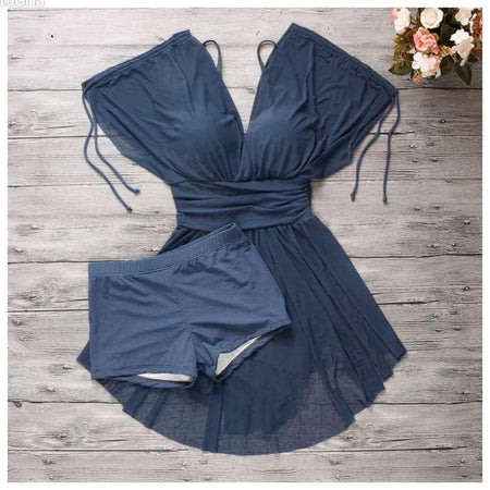 Santorini Two Piece Swimsuit In Navy Blue - styled flat-lay shot, blue - Miss Mosa By Akanksha