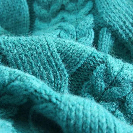 Scarlett Statement Pullover - close-up of cable knit texture, teal - Miss Mosa By Akanksha
