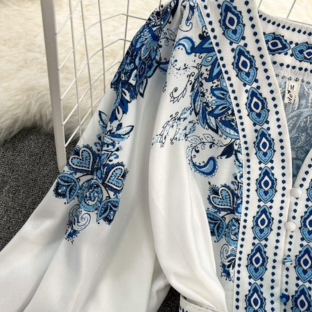 Scole Statement Dress In Blue - close-up of print, blue - Miss Mosa By Akanksha