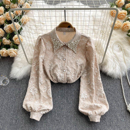 Sebia Embroidered Blouse - front shot on hanger, beige - Miss Mosa By Akanksha