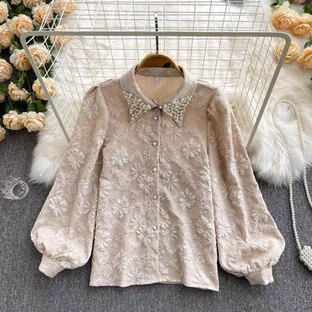 Sebia Embroidered Blouse - front shot on hanger, beige - Miss Mosa By Akanksha