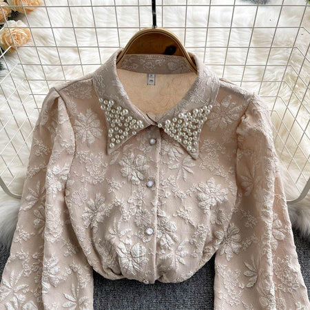 Sebia Embroidered Blouse - close-up of pearl collar, beige - Miss Mosa By Akanksha