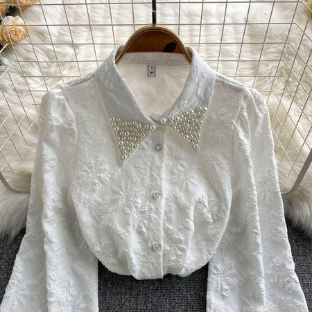 Sebia Embroidered Blouse - close-up of pearl collar, white - Miss Mosa By Akanksha