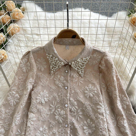Sebia Embroidered Blouse - close-up of pearl collar, beige - Miss Mosa By Akanksha