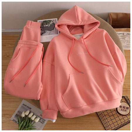 Semeah Fleece Lined Tracksuit - styled flat-lay shot, coral - Miss Mosa By Akanksha