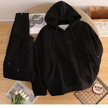 Semeah Fleece Lined Tracksuit - styled flat-lay shot, black - Miss Mosa By Akanksha