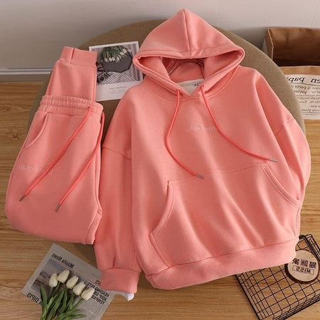 Semeah Fleece Lined Tracksuit - styled flat-lay shot, coral - Miss Mosa By Akanksha
