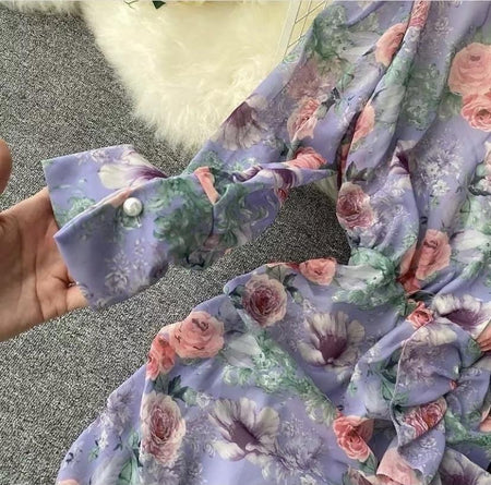 Semia Floral Dress In Lilac - close-up of cuff, lilac - Miss Mosa By Akanksha