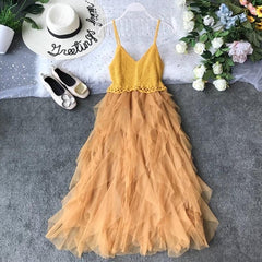 Serena Inox Midi Dress - styled flat-lay shot, mustard - Miss Mosa By Akanksha