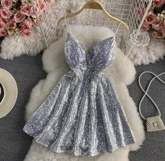 Serena Sequined Skater Dress - styled flat-lay shot, silver - Miss Mosa By Akanksha