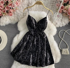 Serena Sequined Skater Dress - styled flat-lay shot, black - Miss Mosa By Akanksha