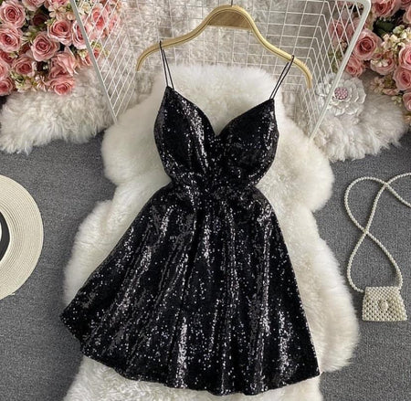 Serena Sequined Skater Dress - styled flat-lay shot, black - Miss Mosa By Akanksha