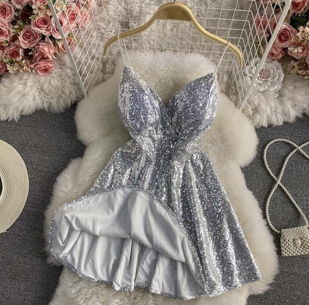 Serena Sequined Skater Dress - styled flat-lay shot, silver - Miss Mosa By Akanksha