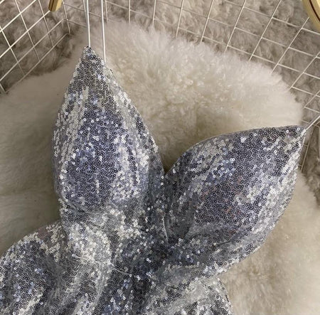 Serena Sequined Skater Dress - close-up of bust cups, silver - Miss Mosa By Akanksha