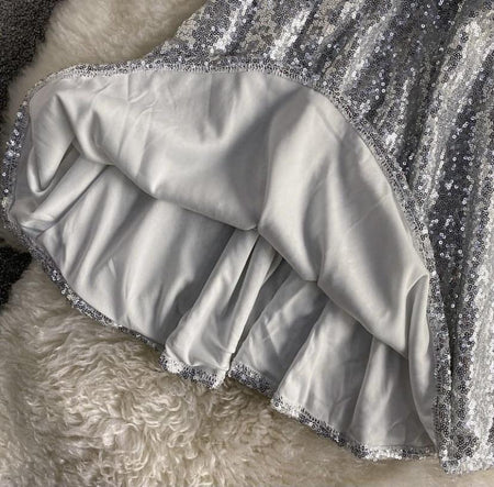Serena Sequined Skater Dress - close-up of hem lining, silver - Miss Mosa By Akanksha